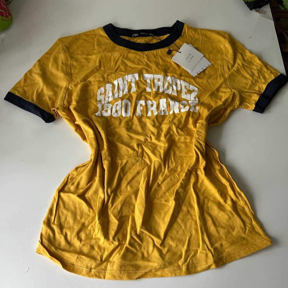 Zara Mustard Graphic Tee with Black Trim